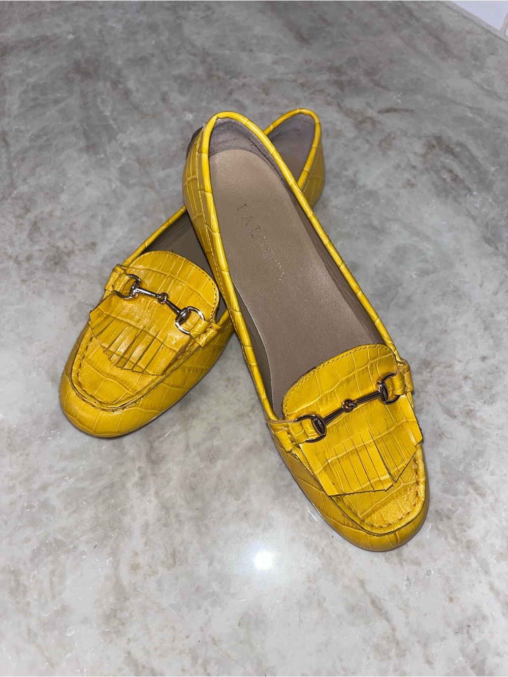 Talbots Yellow Croc-Embossed Leather Fringe Loafers